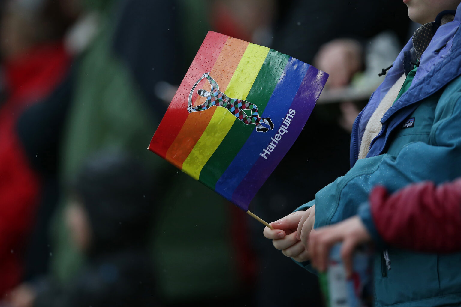 LONDON, ENGLAND - FEBRUARY 15: Supporters with rainbow flags prior to the Gallagher Premiership Rugby match between Harlequins and London Irish at  on February 15, 2020 in London, England. (Photo by Steve Bardens/Getty Images for Harlequins)