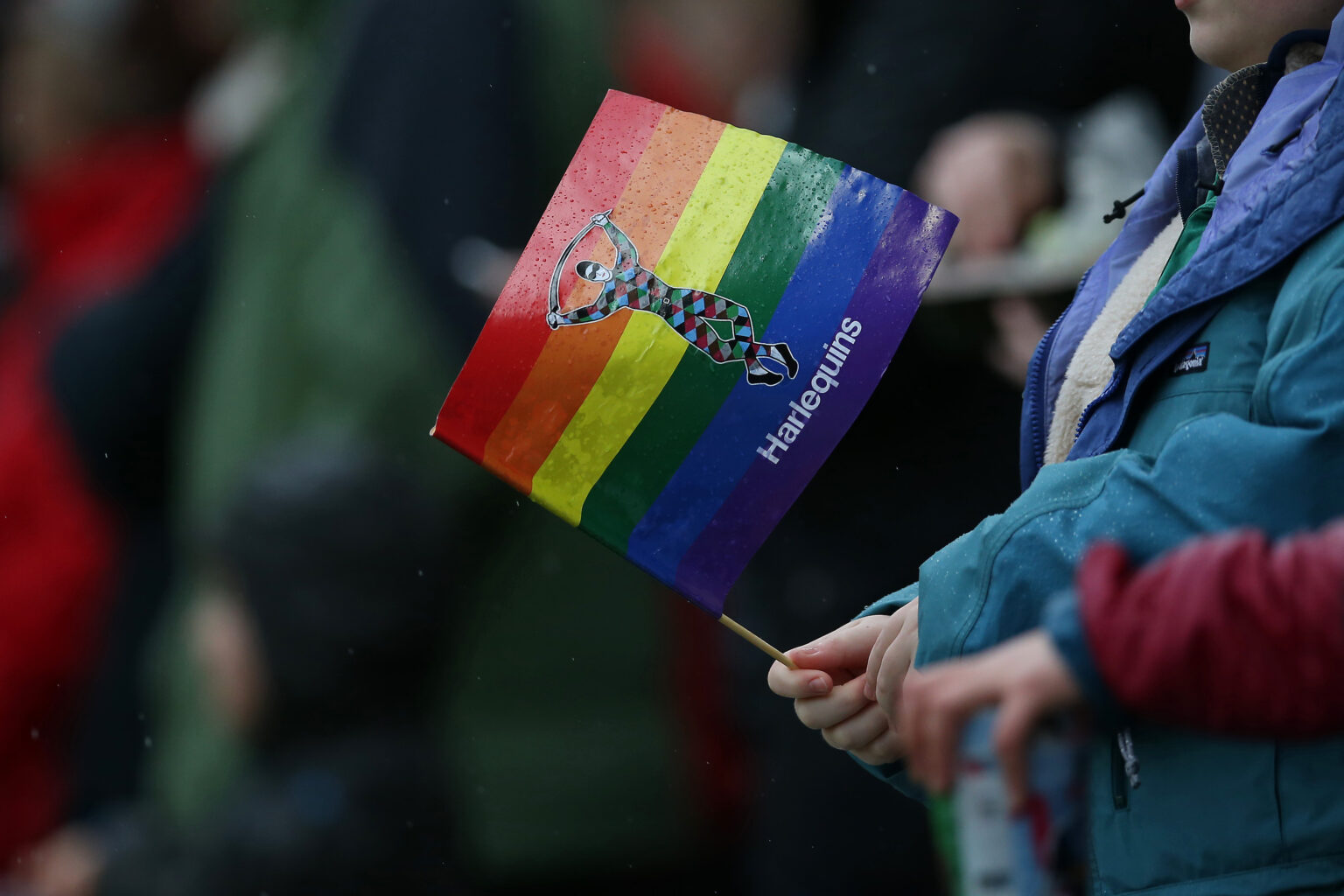 LONDON, ENGLAND - FEBRUARY 15: Supporters with rainbow flags prior to the Gallagher Premiership Rugby match between Harlequins and London Irish at on February 15, 2020 in London, England. (Photo by Steve Bardens/Getty Images for Harlequins)