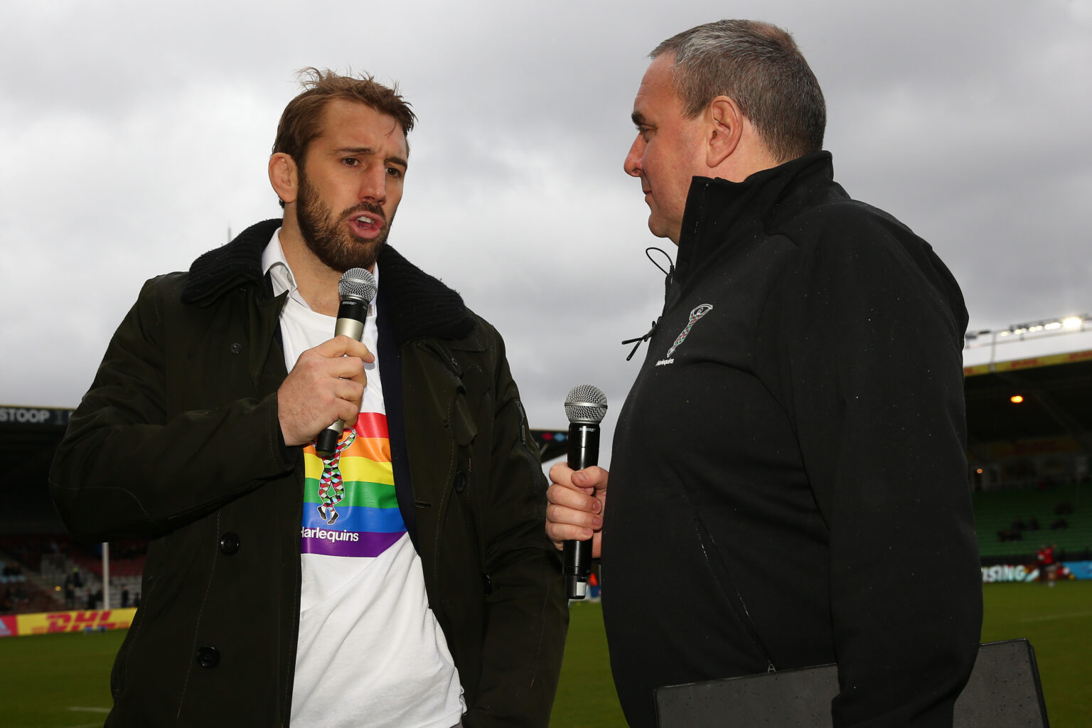 LONDON, ENGLAND - FEBRUARY 15: Chris Robshaw wearing a rainbow T shirt prior to the Gallagher Premiership Rugby match between Harlequins and London Irish at  on February 15, 2020 in London, England. (Photo by Steve Bardens/Getty Images for Harlequins)